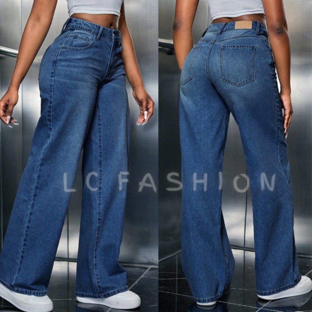 Wide Leg Denim jeans, Drop waist Curvy Slant Pocket Wide Leg Jeans